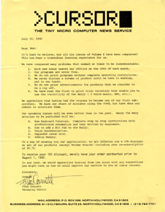 Cursor Newsletter (7-10-1980)(Fred Cornett)(Renewal Letter to Bob Fabris)
